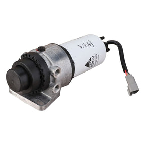 The Fuel Filter Assembly - V837086172 by AGCO is a small electric motor with cables attached, featuring a metallic body and a white cylindrical component labeled with technical details and the AGCO logo, designed to work seamlessly with Fendt models, ensuring cleaner fuel system performance.