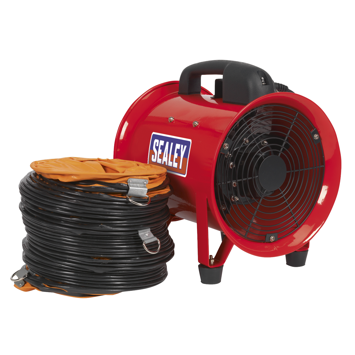 The Sealey Portable Ventilator Ø200mm with 5m Ducting - VEN200, known for its high volume ventilation, is shown next to a coiled black duct with orange connectors. Portable and versatile, it promises diverse usage across various environments.