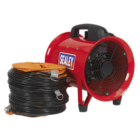 The Sealey Portable Ventilator Ø200mm with 5m Ducting - VEN200, known for its high volume ventilation, is shown next to a coiled black duct with orange connectors. Portable and versatile, it promises diverse usage across various environments.