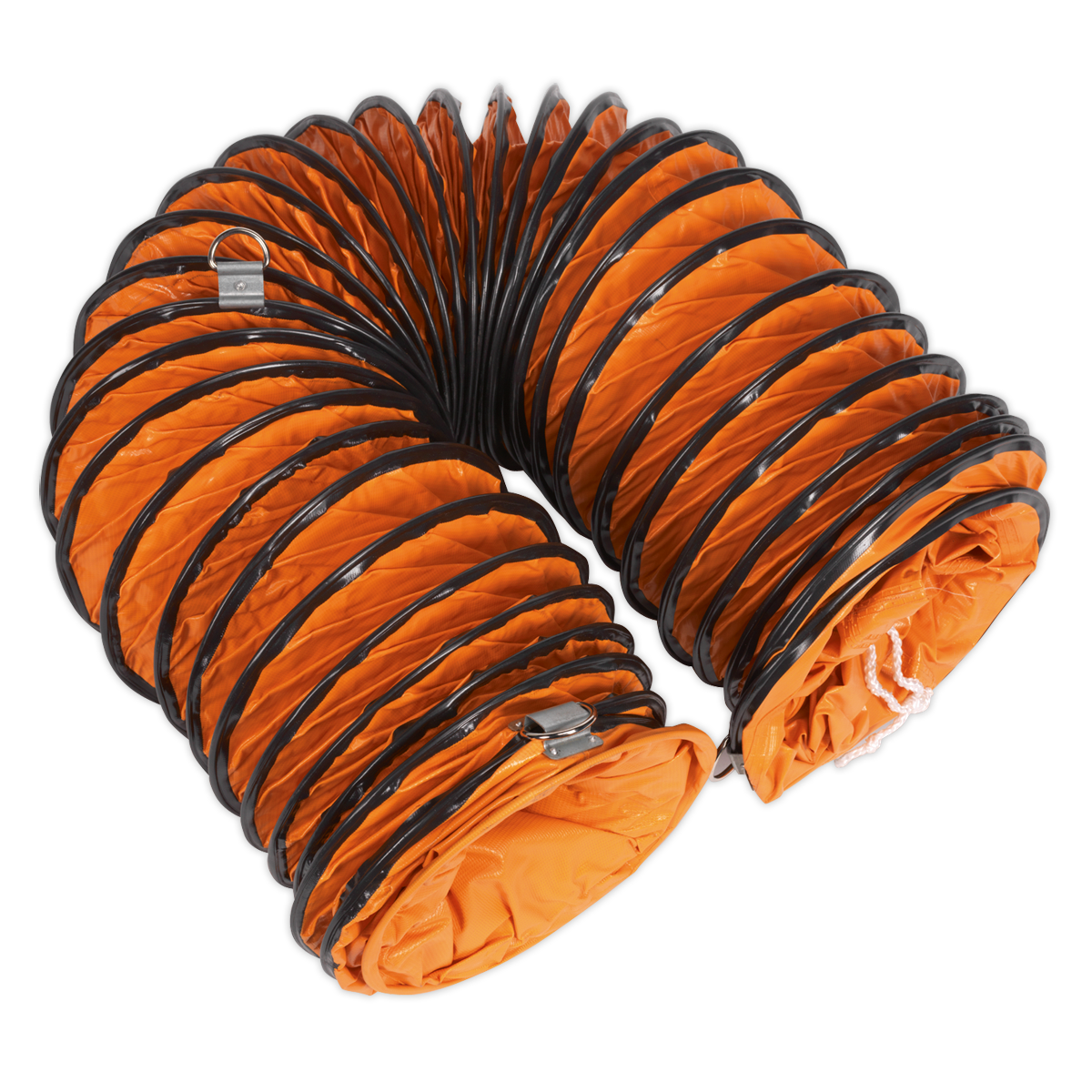 Sealey Model No. VEN200AK1: Orange flexible ducting Ø200mm, 5 meters in length, with black spiral ribbing and coiled in a U-shape, featuring metal clasps for attachment at both ends—ideal for your portable ventilator needs.