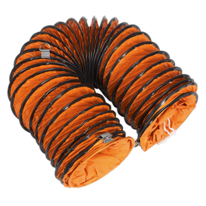 Sealey Model No. VEN200AK1: Orange flexible ducting Ø200mm, 5 meters in length, with black spiral ribbing and coiled in a U-shape, featuring metal clasps for attachment at both ends—ideal for your portable ventilator needs.