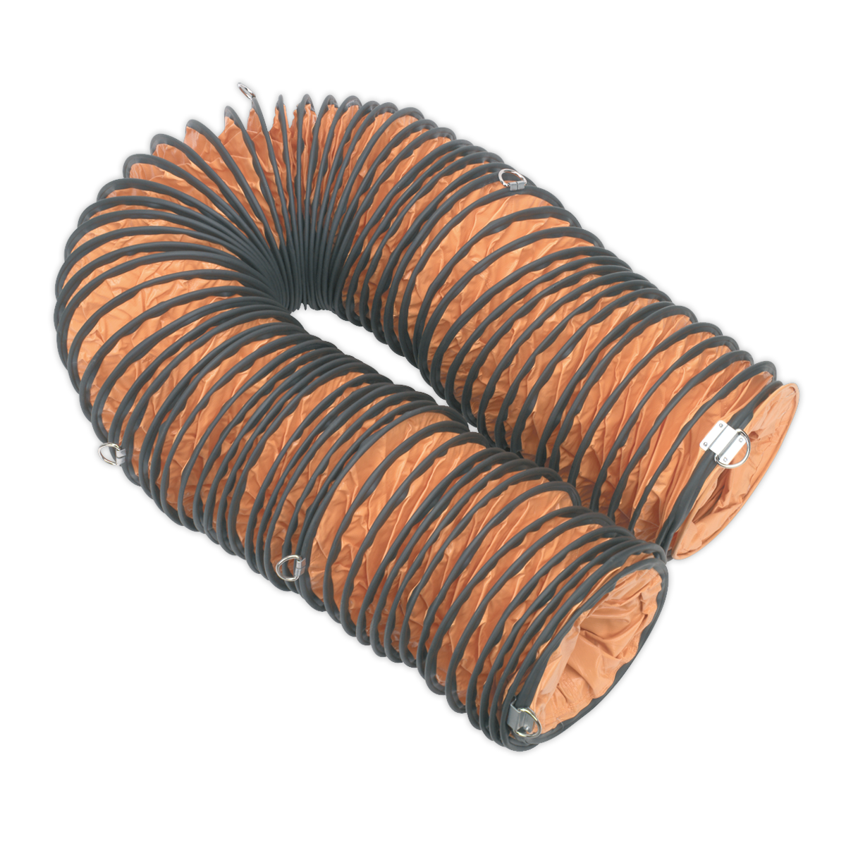 The Sealey Flexible Ducting Ø200mm 10m - VEN200AK2, an orange and black duct suitable for use with the Model No. VEN200 portable ventilator, is coiled into a U shape with metal clamps at the ends.