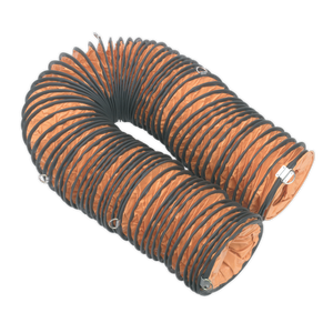 The Sealey Flexible Ducting Ø200mm 10m - VEN200AK2, an orange and black duct suitable for use with the Model No. VEN200 portable ventilator, is coiled into a U shape with metal clamps at the ends.