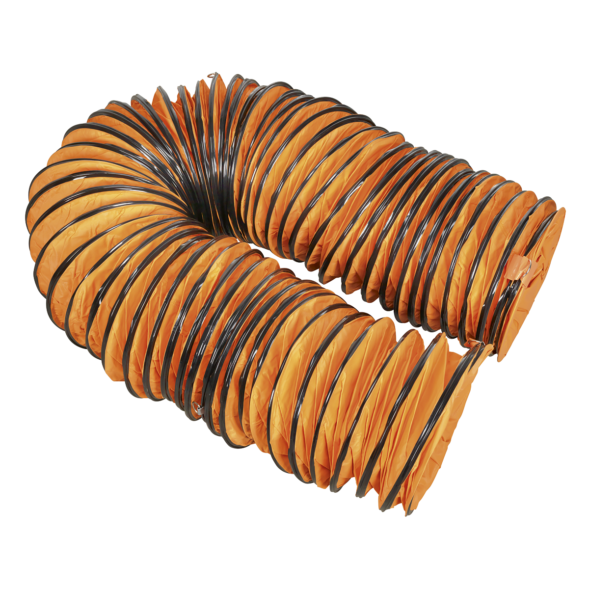 An orange flexible ventilation duct with black rings, coiled in a loose loop on a white background, exemplifies the Sealey Flexible Ducting Ø300mm 10m - VEN300AK2's signature design that seamlessly blends durability and efficiency.