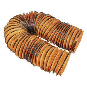 An orange flexible ventilation duct with black rings, coiled in a loose loop on a white background, exemplifies the Sealey Flexible Ducting Ø300mm 10m - VEN300AK2's signature design that seamlessly blends durability and efficiency.