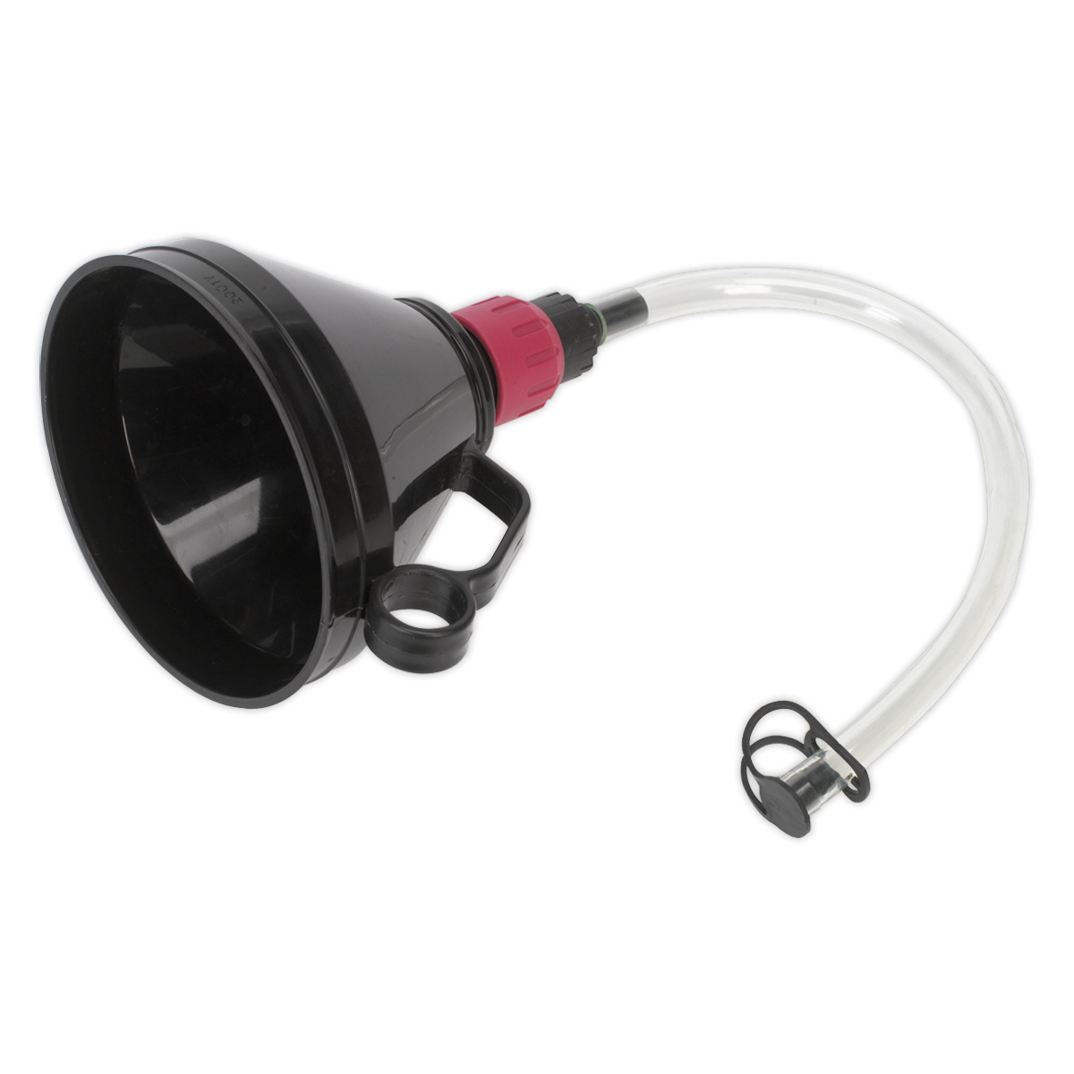 The Sealey Valved Funnel with Flexible Spout Ø160mm - VFF1 is a heavy-duty polyethylene funnel in black and red, featuring a detachable flexible hose and a lockable valve nozzle for easy flow control.