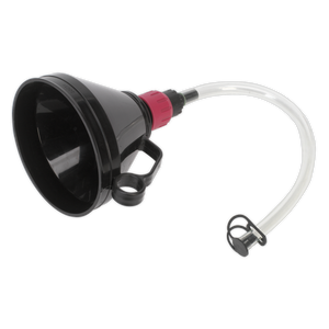 The Sealey Valved Funnel with Flexible Spout Ø160mm - VFF1 is a heavy-duty polyethylene funnel in black and red, featuring a detachable flexible hose and a lockable valve nozzle for easy flow control.