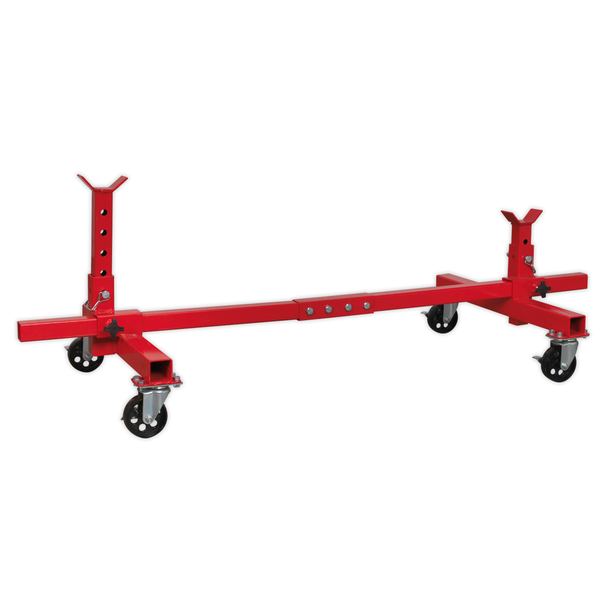 The Vehicle Moving Dolly 2-Post 900kg - VMD001 by Sealey is a red, adjustable automotive engine cradle with a heavy-duty steel frame and four locking metal castors designed for mobility and support.