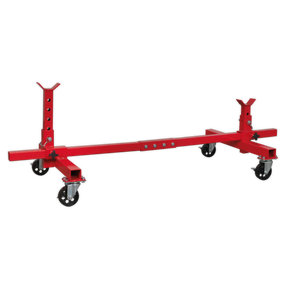 The Vehicle Moving Dolly 2-Post 900kg - VMD001 by Sealey is a red, adjustable automotive engine cradle with a heavy-duty steel frame and four locking metal castors designed for mobility and support.