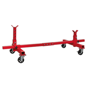 The Vehicle Moving Dolly 2-Post 900kg - VMD001 by Sealey is a red, adjustable automotive engine cradle with a heavy-duty steel frame and four locking metal castors designed for mobility and support.