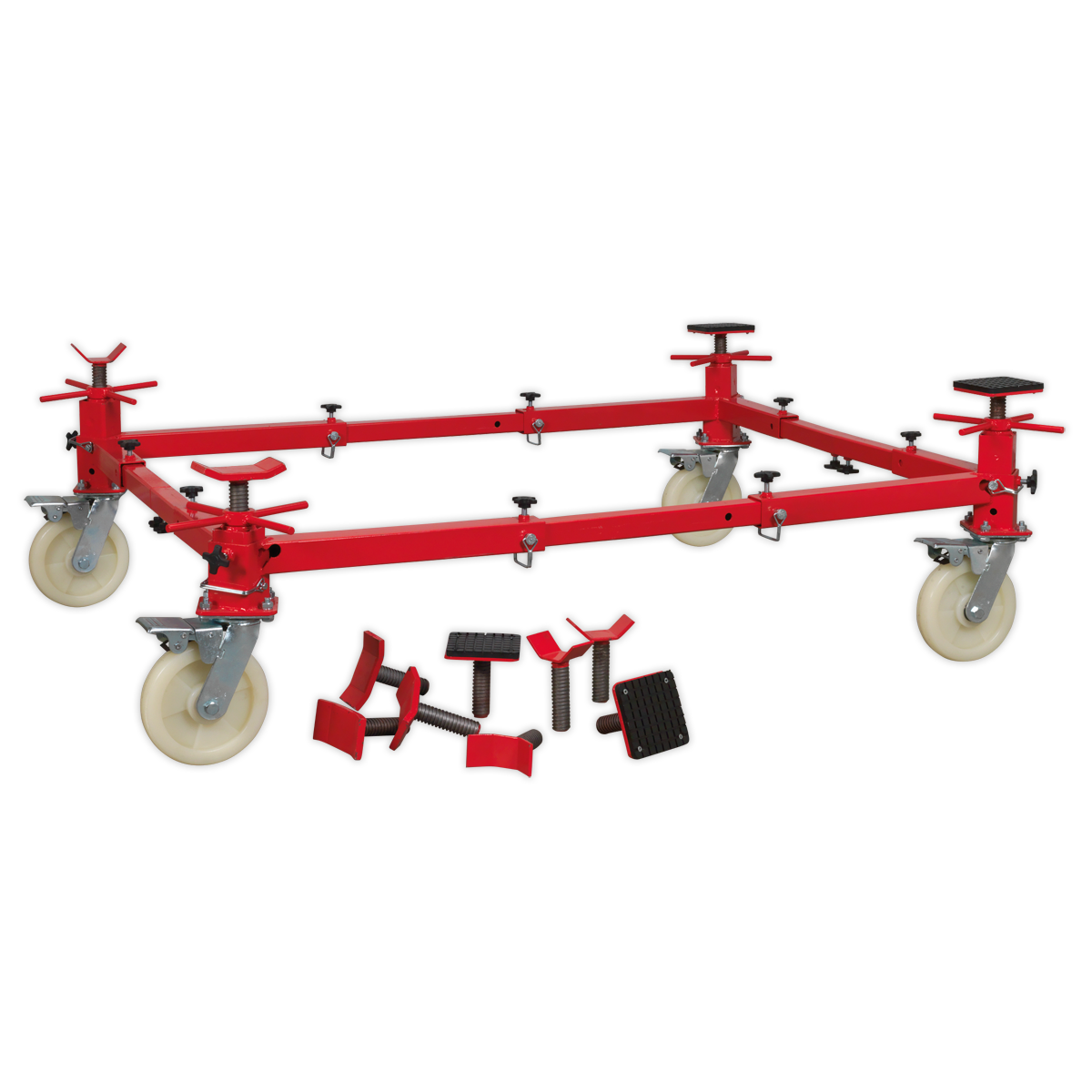 Sealey’s Vehicle Moving Dolly 4-Post 900kg (Model VMD002) featuring a heavy-duty steel frame, four large white casters, and additional attachments for securing objects, placed on a plain background.