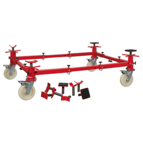 Sealey’s Vehicle Moving Dolly 4-Post 900kg (Model VMD002) featuring a heavy-duty steel frame, four large white casters, and additional attachments for securing objects, placed on a plain background.