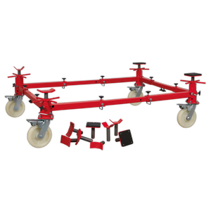 Sealey’s Vehicle Moving Dolly 4-Post 900kg (Model VMD002) featuring a heavy-duty steel frame, four large white casters, and additional attachments for securing objects, placed on a plain background.