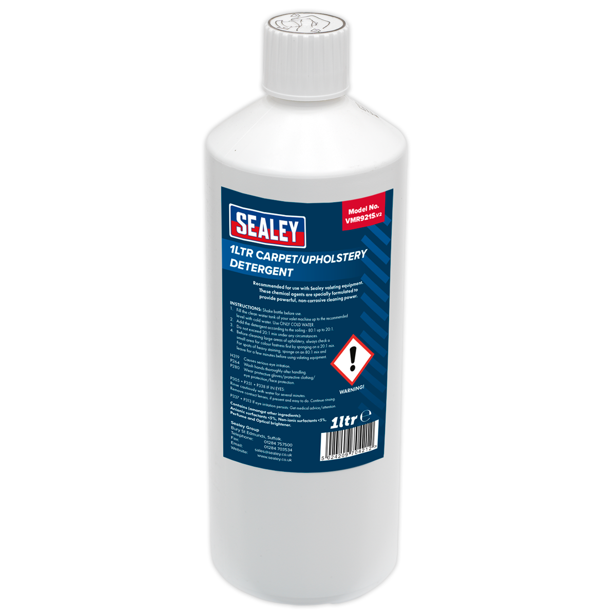 A white plastic bottle labeled "Sealey Carpet/Upholstery Detergent 1L - VMR921S" with safety warnings, showcasing the non-corrosive cleaning power of Sealey products.