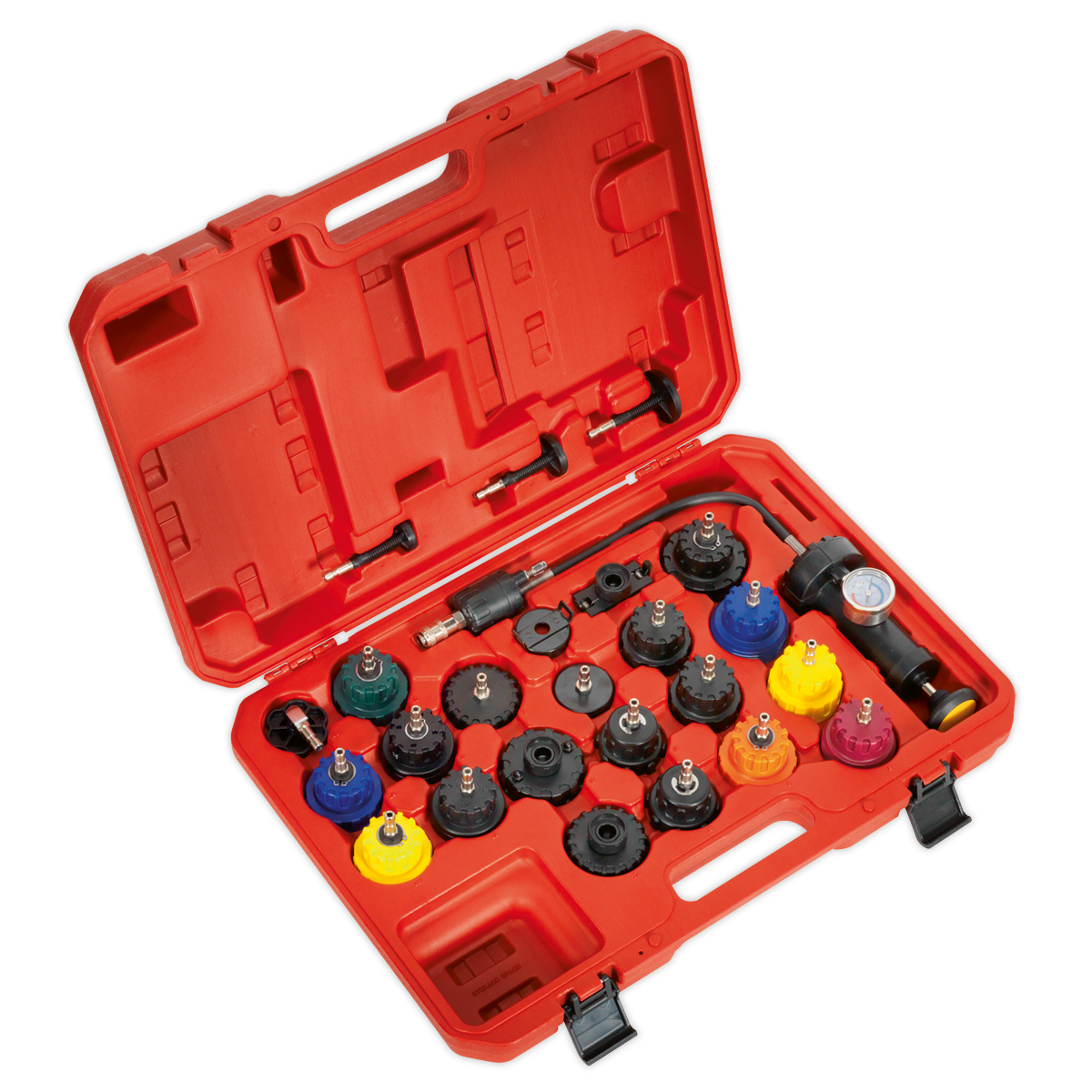 The Sealey Cooling System Pressure Test Kit 25pc - VS0011, featuring a red, open carrying case with assorted radiator pressure tester adapters in various colors and sizes, comes complete with a pressure gauge tool and additional accessories. This kit is perfect for vehicle applications and ensures accurate adaptor fitments.