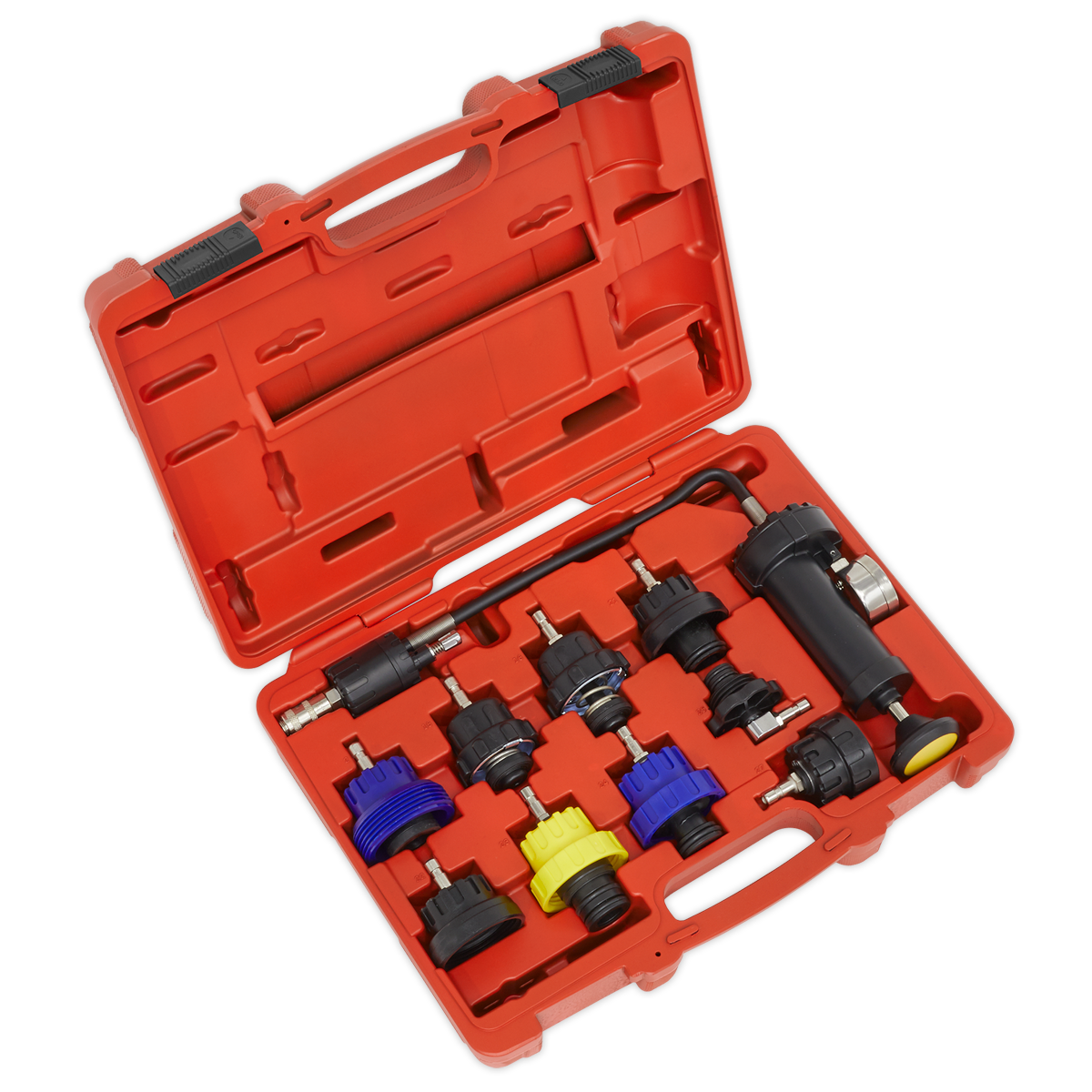 The Sealey Cooling System Pressure Test Kit 10pc - VS0013 comes in an open red plastic case, featuring various automotive tools and connectors, including vehicle-specific cap adapters and a pressure gauge, all neatly organized in molded compartments.