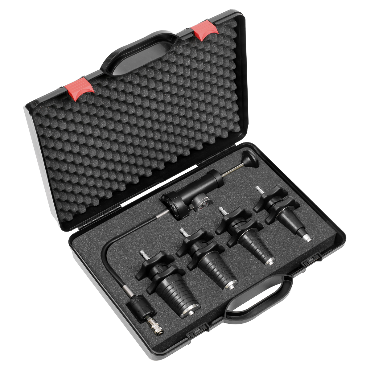 The Sealey Cooling System Pressure Test Kit 5pc - VS0033 includes five specialized tools with handles, a long connector piece, and a capless tester for vehicle applications, all secured in pre-cut slots within a black carrying case with foam padding.