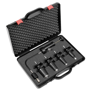 The Sealey Cooling System Pressure Test Kit 5pc - VS0033 includes five specialized tools with handles, a long connector piece, and a capless tester for vehicle applications, all secured in pre-cut slots within a black carrying case with foam padding.