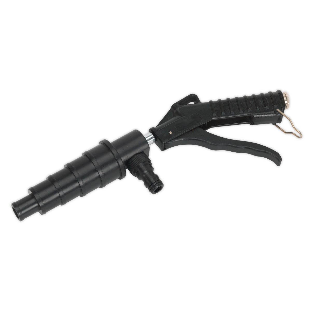 The Sealey Coolant System Flush Gun - VS0044, a black handheld air blow gun with a pistol grip and attached nozzle, is ideal for cleaning and debris removal in industrial and automotive settings. Powered by workshop air, it excels at cooling system maintenance and flushing debris from hard-to-reach places.