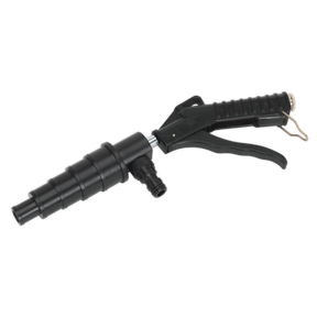 The Sealey Coolant System Flush Gun - VS0044, a black handheld air blow gun with a pistol grip and attached nozzle, is ideal for cleaning and debris removal in industrial and automotive settings. Powered by workshop air, it excels at cooling system maintenance and flushing debris from hard-to-reach places.