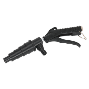 The Sealey Coolant System Flush Gun - VS0044, a black handheld air blow gun with a pistol grip and attached nozzle, is ideal for cleaning and debris removal in industrial and automotive settings. Powered by workshop air, it excels at cooling system maintenance and flushing debris from hard-to-reach places.