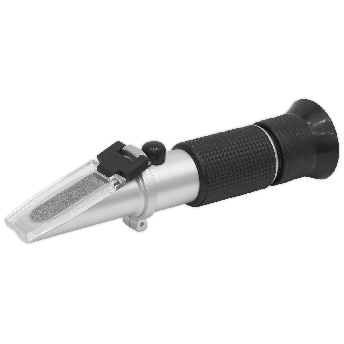 The Sealey Refractometer Antifreeze/Battery Fluid/Screenwash - VS005 features a black grip and an adjustable eyepiece, making it perfect for measuring the refractive index of synthetic antifreeze.