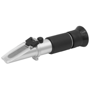 The Sealey Refractometer Antifreeze/Battery Fluid/Screenwash - VS005 features a black grip and an adjustable eyepiece, making it perfect for measuring the refractive index of synthetic antifreeze.