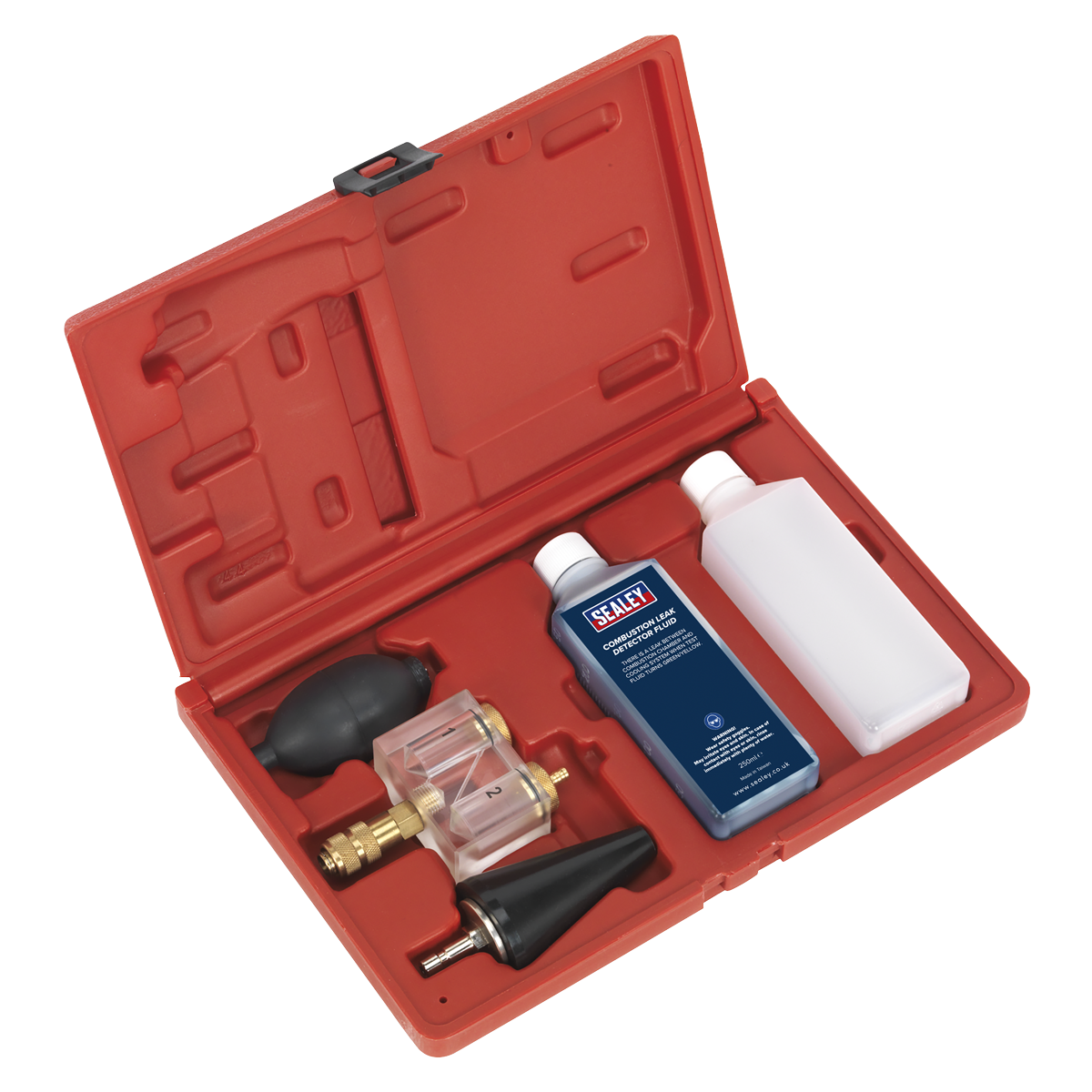 Sealey's Combustion Leak Detector (VS0062) comes in a red plastic carrying case and includes essential tools for maintaining cylinder heads, such as a clear fluid reservoir, pump, black nozzle, and two bottles--one with a blue label and another with a white label.