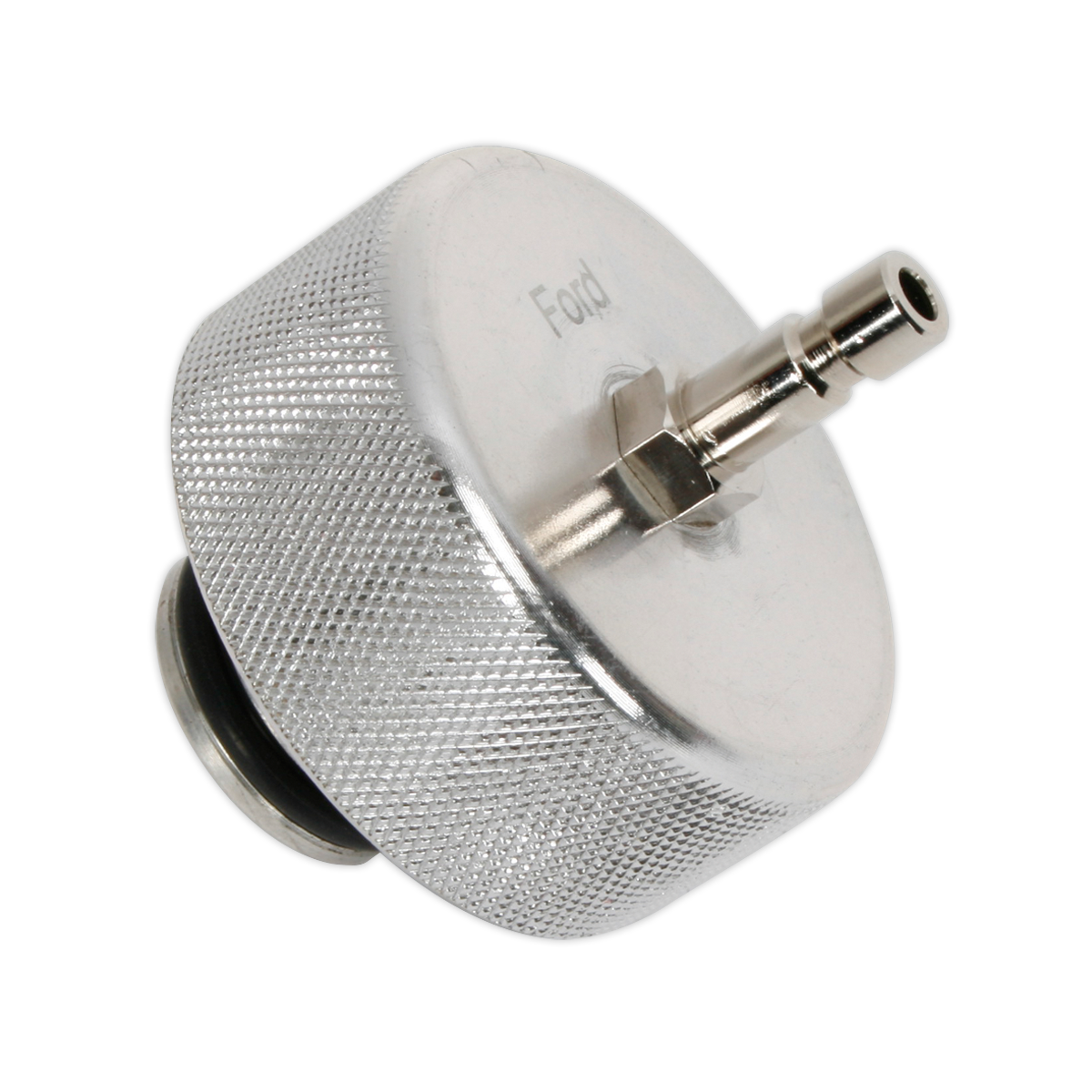 Image of the Coolant Pressure Test Cap - Ford/Volvo - VS006F by Sealey, featuring a knurled body and nozzle for attachment, showcasing the precision typical of testing equipment.