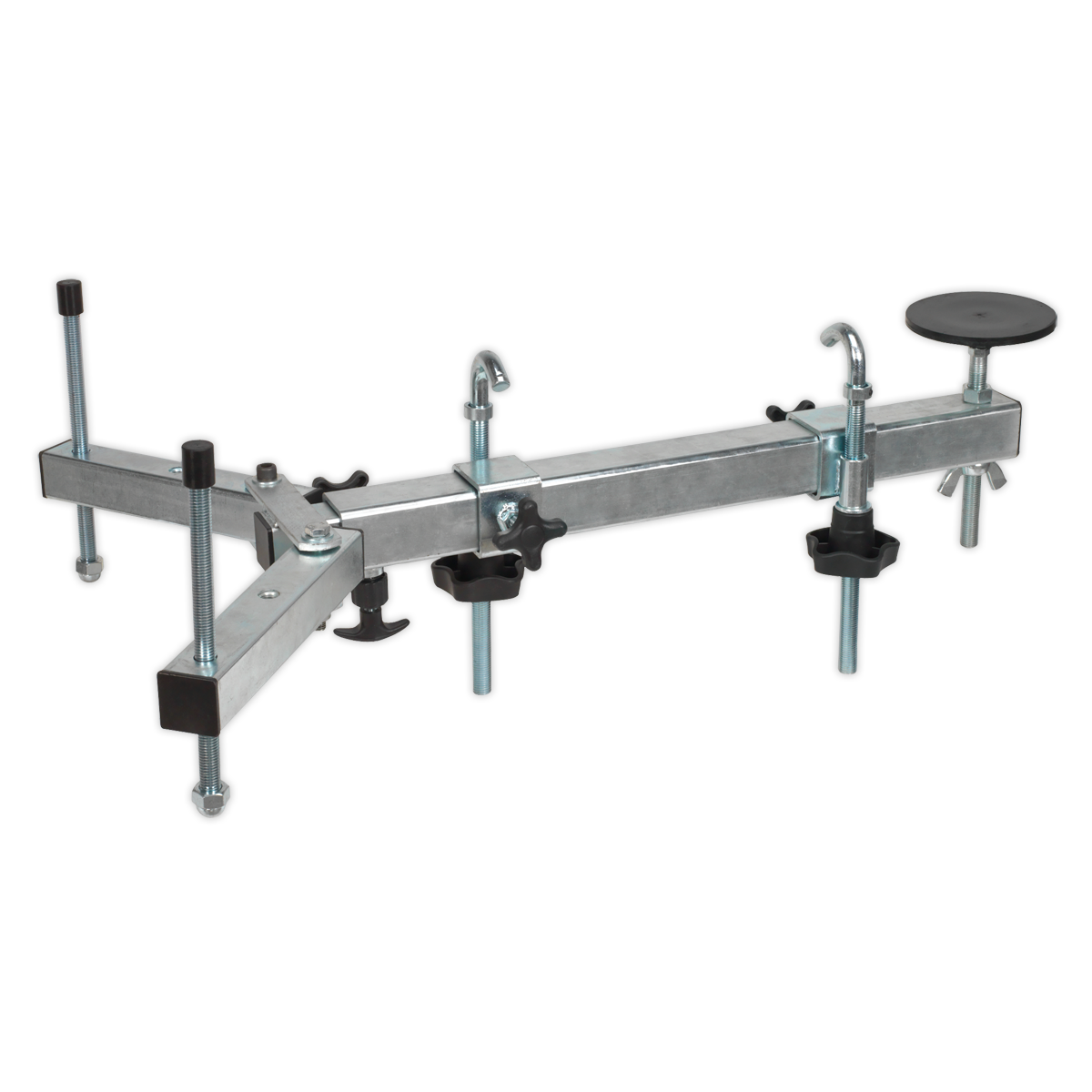 Introducing the Sealey Under Vehicle Engine/Gearbox Support - VS0110, a metal tool with a T-shaped structure, adjustable clamps, and a round black pad for stabilization, ideal for gearbox support.