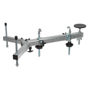 Introducing the Sealey Under Vehicle Engine/Gearbox Support - VS0110, a metal tool with a T-shaped structure, adjustable clamps, and a round black pad for stabilization, ideal for gearbox support.