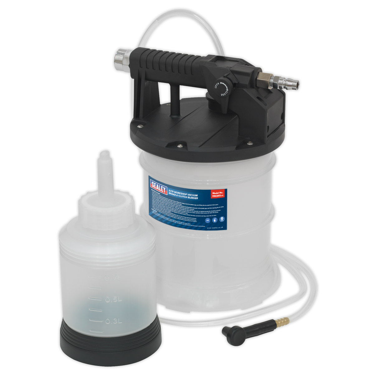 The Sealey Workshop Vacuum Brake & Clutch Bleeder 2L - VS0203, featuring a large white container with a black handle and an attached hose, as well as an additional smaller white bottle with measurement markings, includes a convenient bleed screw for efficient use.