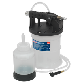 The Sealey Workshop Vacuum Brake & Clutch Bleeder 2L - VS0203, featuring a large white container with a black handle and an attached hose, as well as an additional smaller white bottle with measurement markings, includes a convenient bleed screw for efficient use.
