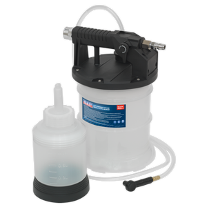 The Sealey Workshop Vacuum Brake & Clutch Bleeder 2L - VS0203, featuring a large white container with a black handle and an attached hose, as well as an additional smaller white bottle with measurement markings, includes a convenient bleed screw for efficient use.