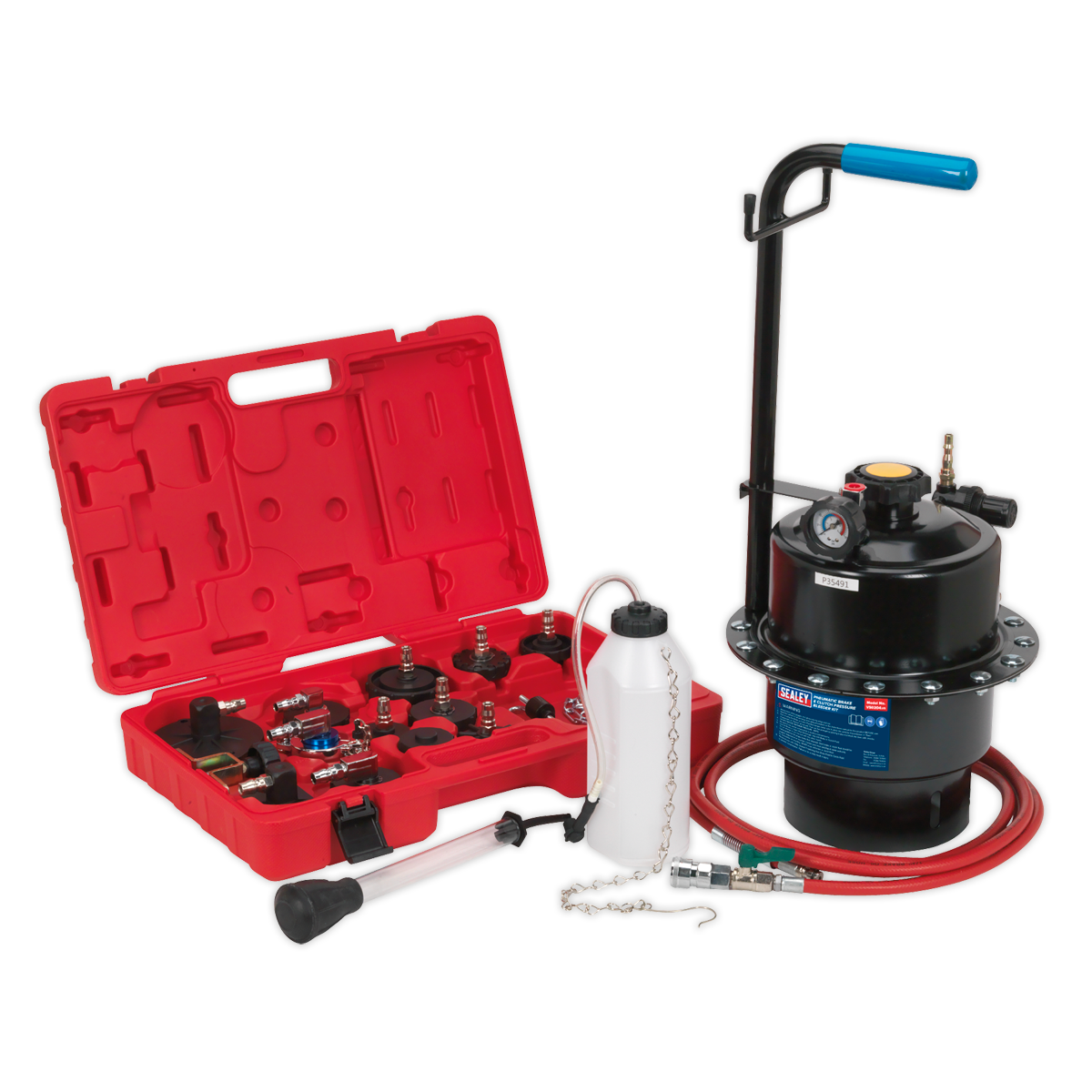 A Sealey Pneumatic Brake & Clutch Pressure Bleeder Kit - VS0204, featuring a red plastic case with various tools, is open next to a black hydraulic pump equipped with a gauge, handle, and red hose. Nearby, a white bottle and additional accessories are neatly arranged. This one-person brake bleeding system is ABS compatible.