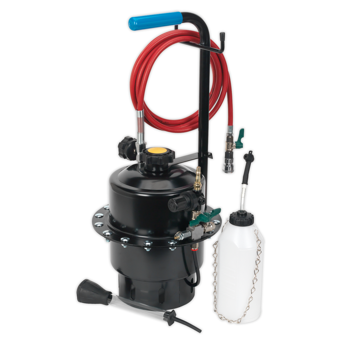 Image of the Sealey Pneumatic Brake & Clutch Pressure Bleeder Kit - VS0204A featuring a black canister, red hose, pump handle, and white plastic bottle. Ideal for efficient brake maintenance by a single person.