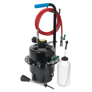 Image of the Sealey Pneumatic Brake & Clutch Pressure Bleeder Kit - VS0204A featuring a black canister, red hose, pump handle, and white plastic bottle. Ideal for efficient brake maintenance by a single person.