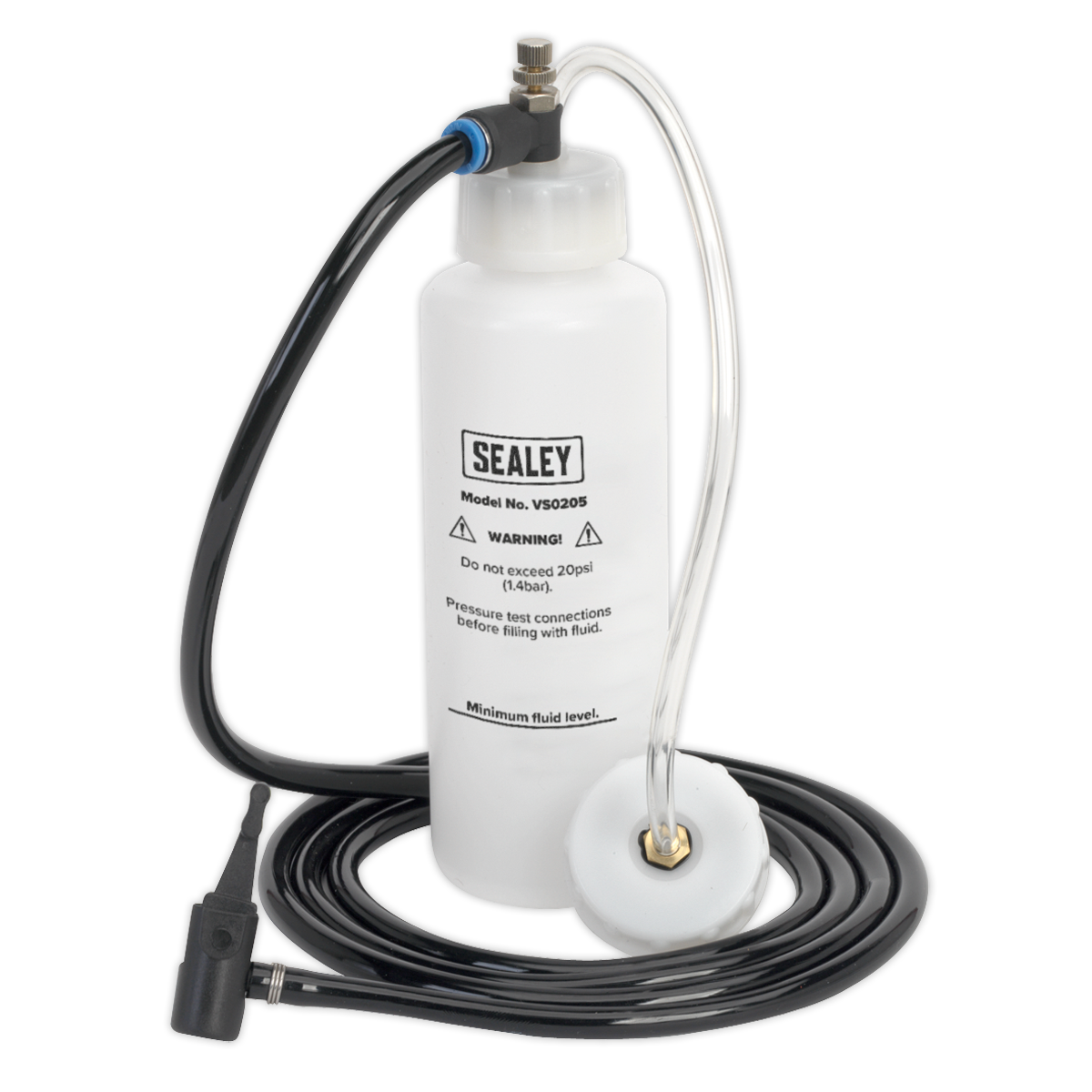 Image of the Sealey Automatic Brake & Clutch Bleeder - VS0205. The unit features a white fluid container with attached black hoses and a clear hose with a round adapter at the end, designed for efficient brake and clutch bleeding, including ABS systems.
