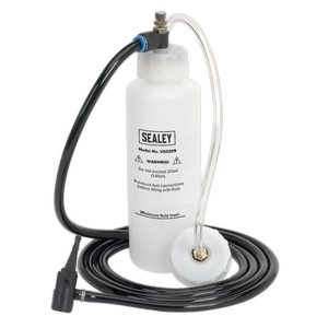 Image of the Sealey Automatic Brake & Clutch Bleeder - VS0205. The unit features a white fluid container with attached black hoses and a clear hose with a round adapter at the end, designed for efficient brake and clutch bleeding, including ABS systems.
