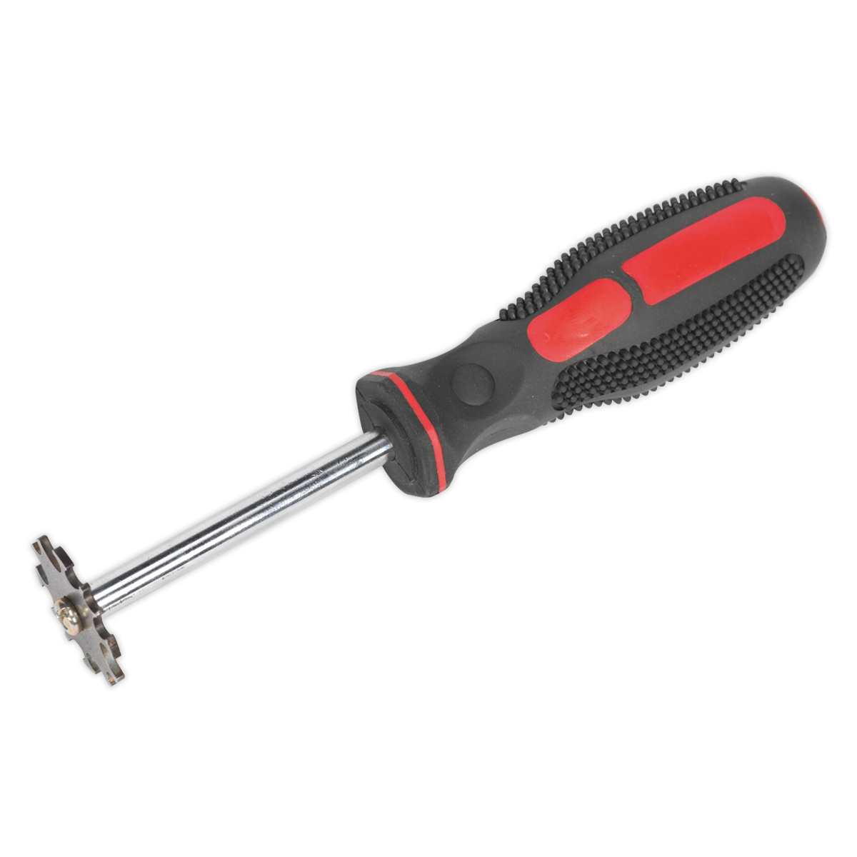 The Sealey Brake & Fuel Pipe Inspection Tool - VS0210 is a DVSA compliant metal hand tool with a black and red rubber grip and a star-shaped head, perfect for brake and fuel pipes.