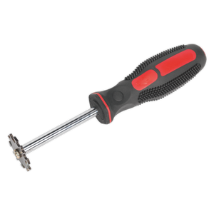 The Sealey Brake & Fuel Pipe Inspection Tool - VS0210 is a DVSA compliant metal hand tool with a black and red rubber grip and a star-shaped head, perfect for brake and fuel pipes.