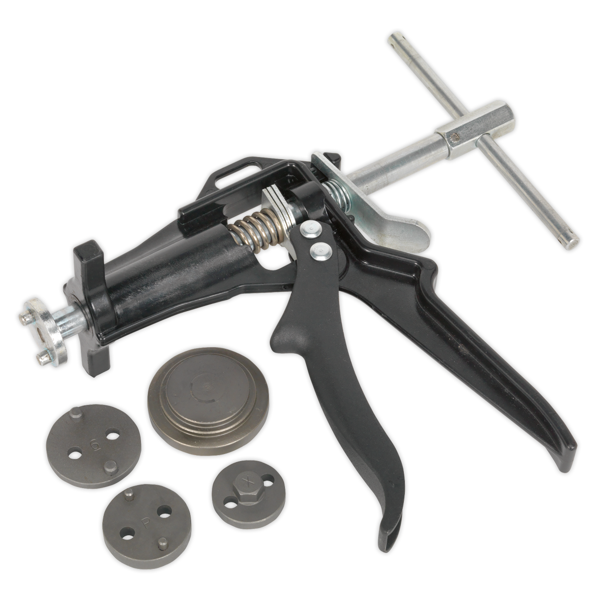 Displayed on a white background, a Sealey Brake Piston Wind-Back Tool Kit 5pc (VS0211) is showcased next to various circular metal components.