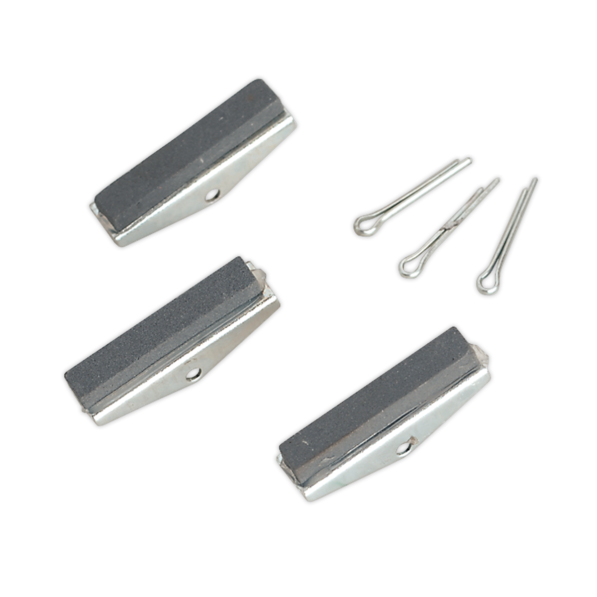 Image of three bicycle brake pads and three cotter pins arranged on a white background, showcasing the fine craftsmanship typical of high-quality components like the Sealey Cylinder Hone Stone Set 3 x 1-1/8" Fine - VS0222.