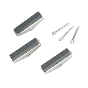 Image of three bicycle brake pads and three cotter pins arranged on a white background, showcasing the fine craftsmanship typical of high-quality components like the Sealey Cylinder Hone Stone Set 3 x 1-1/8" Fine - VS0222.