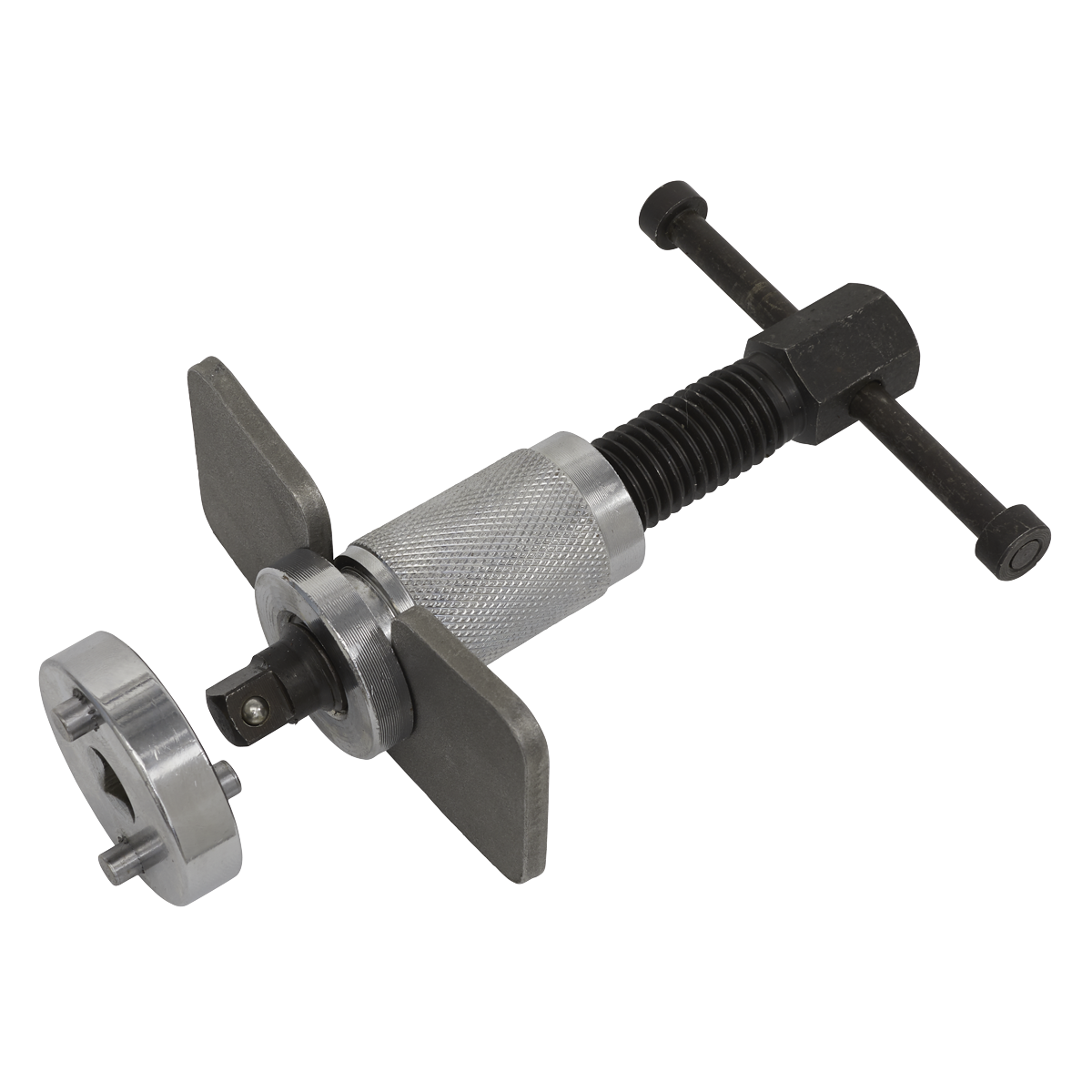 The Sealey Brake Piston Wind-Back Tool with Double Adaptor - VS024, featuring a T-shaped handle, adjustment screw, and attached piston wind-back adapter, is essential for working on rear brake calipers when installing new brake pads.