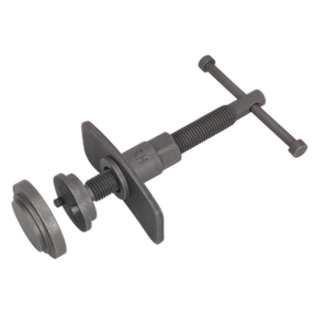 The Sealey Brake Piston Wind-Back Tool Kit 4pc - VS0240 is a versatile metal C-clamp tool featuring a threaded handle and two circular pressing plates, often used for clamping or compressing objects like brake pistons. This adaptable tool can also be equipped with various adaptors for different applications.