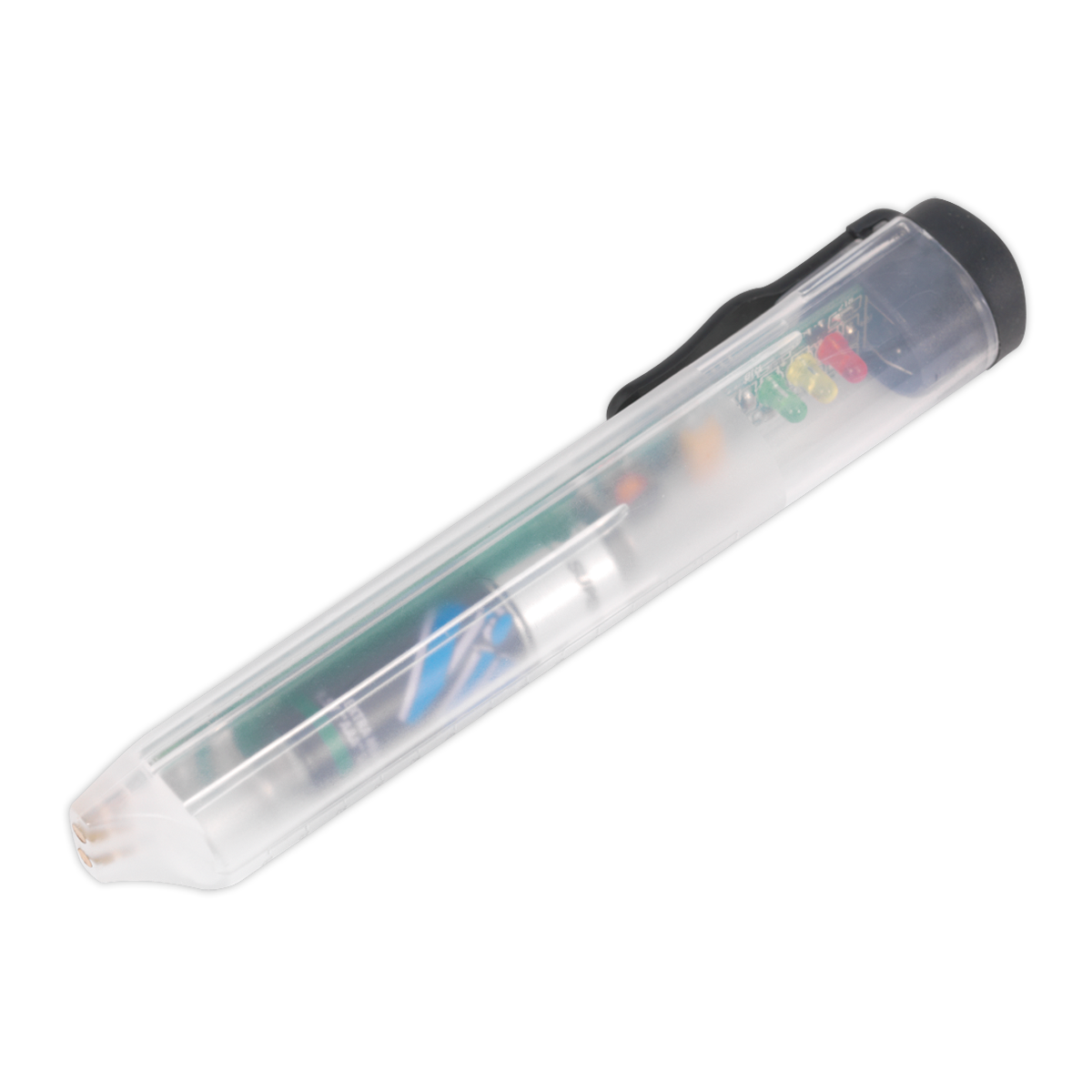 The Sealey Pocket Brake Fluid Tester - VS0272 is a transparent electronic circuit tester pen with a clip, featuring an LED read-out and various visible components and LEDs inside.