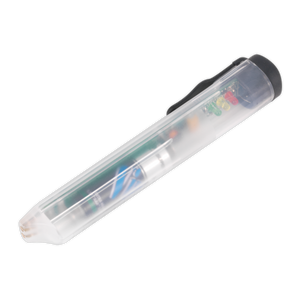 The Sealey Pocket Brake Fluid Tester - VS0272 is a transparent electronic circuit tester pen with a clip, featuring an LED read-out and various visible components and LEDs inside.