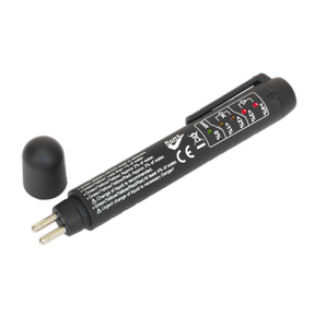 The Sealey Pocket Brake Fluid Tester - VS0274, a black device, comes with two metal probes and indicator lights, plus an easy-to-read LED display. It also features a removable cap that is conveniently placed beside it.