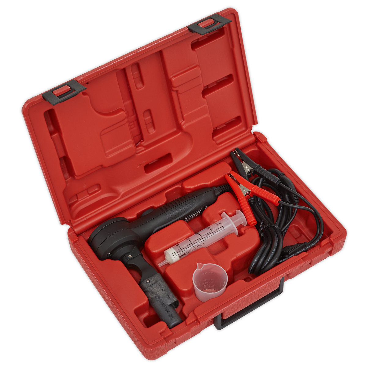 The Sealey Brake Fluid Tester - Boil Test - VS0275 includes a red plastic case, a handheld device, a syringe, two cables with clamps, and a small plastic cup to measure water content.